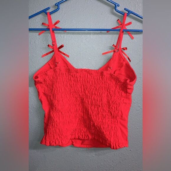 Sienna Sky Vibrant Red linen Blend bow detail Crop top #736 - Picture 3 of 6